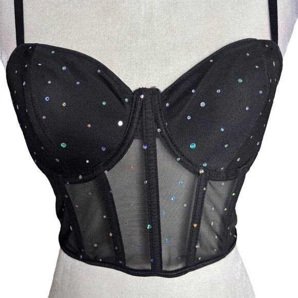 Mesh Rhinestone Bustier Crop Top Black Medium Adjustable Straps Boning NEW - Picture 2 of 7